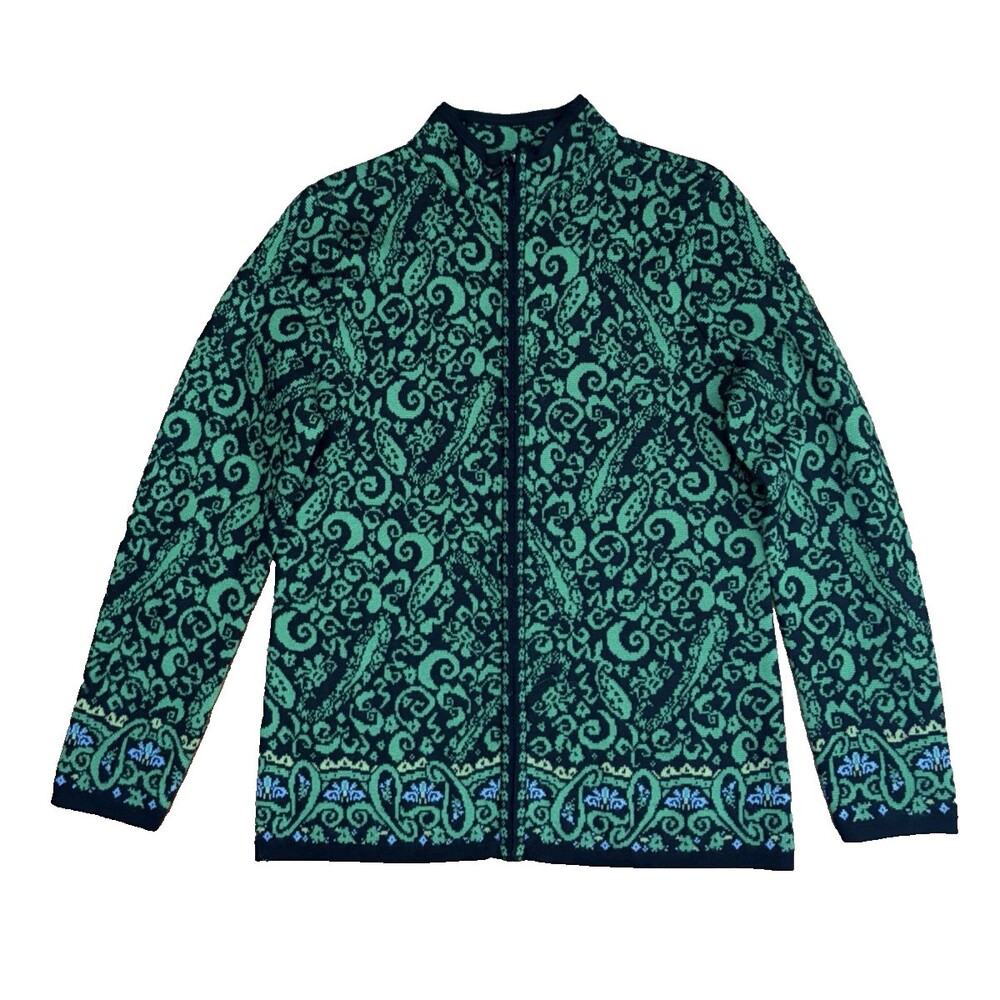 Pendleton Women 100% Merino Wool Full Zip Cardigan Sweater Medium Green Paisley